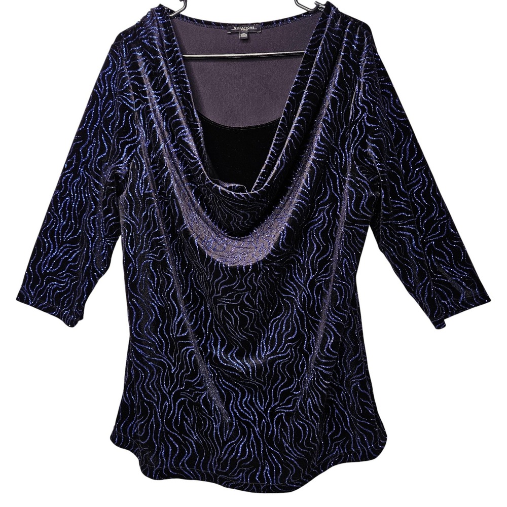 Notations Woman‎ Blue Sparkle Black Velvet 3/4 Sleeve Cowl Neck Top 2X Holiday